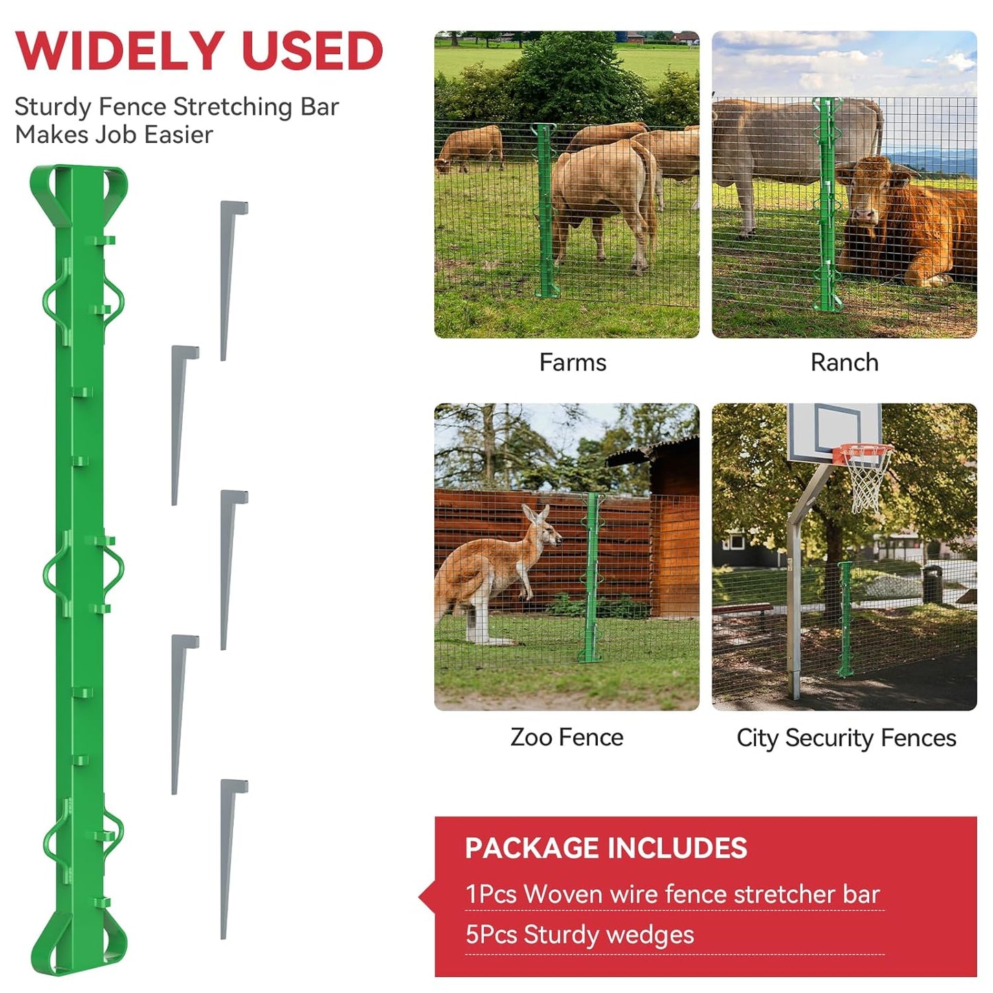 4ft Woven Wire Fence Stretcher Bar with 5 Wedges Heavy Duty Wire Stretcher Fence Tool for Farms, Ranches, Garden Barriers, Yard (Green)