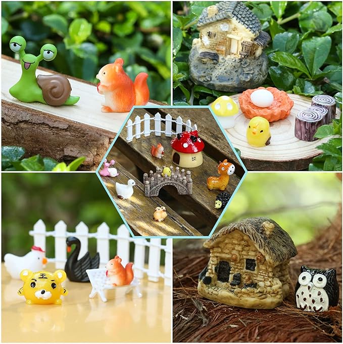 Modacraft 200Pcs Miniature Fairy Garden Accessories Including 100Pcs Fixed Pins, Fairy Garden Kit Fairy House Animal Figurines Mini Landscape for Garden Dollhouse Potted Plant Bonsai Terrarium Décor