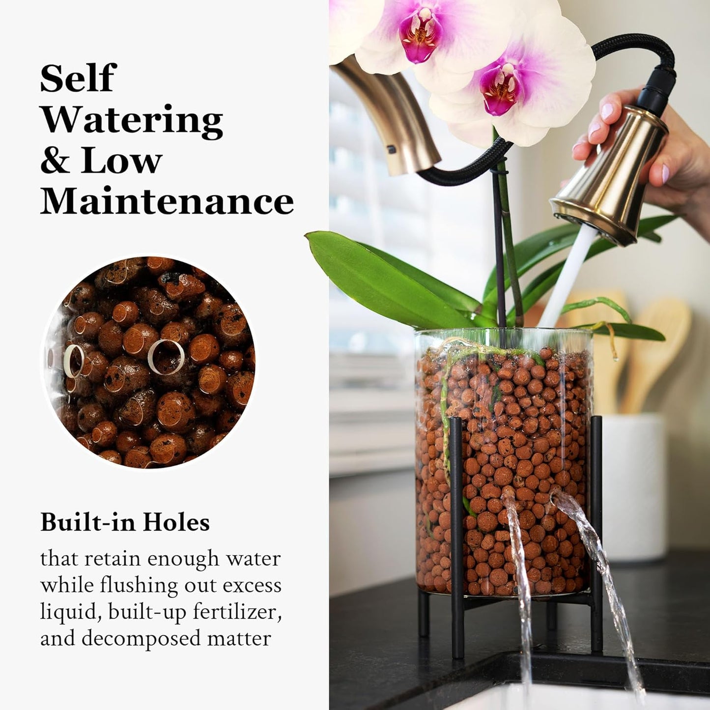 Pot & Pebble - C8 Glass Planter with Decorative Metal Base - Plant Propagation Station with Water Level Control - Plant Cutting Holder for LECA Clay Pebbles/Similar Media - Semi Hydroponic Planter