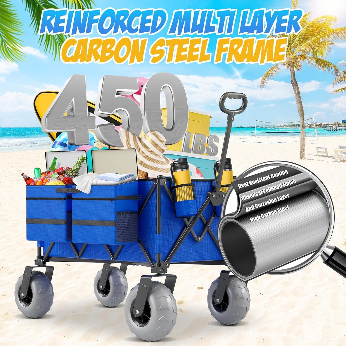 Beach Wagon with Big Wheels for Sand, 450lbs Heavy Duty Folding Wagon, Oversized 200L, 9" PVC All-Terrain Wheels, Adjustable Handle, Cooler & Storage Bags for Beach, Camping, Garden & Outdoor Sports
