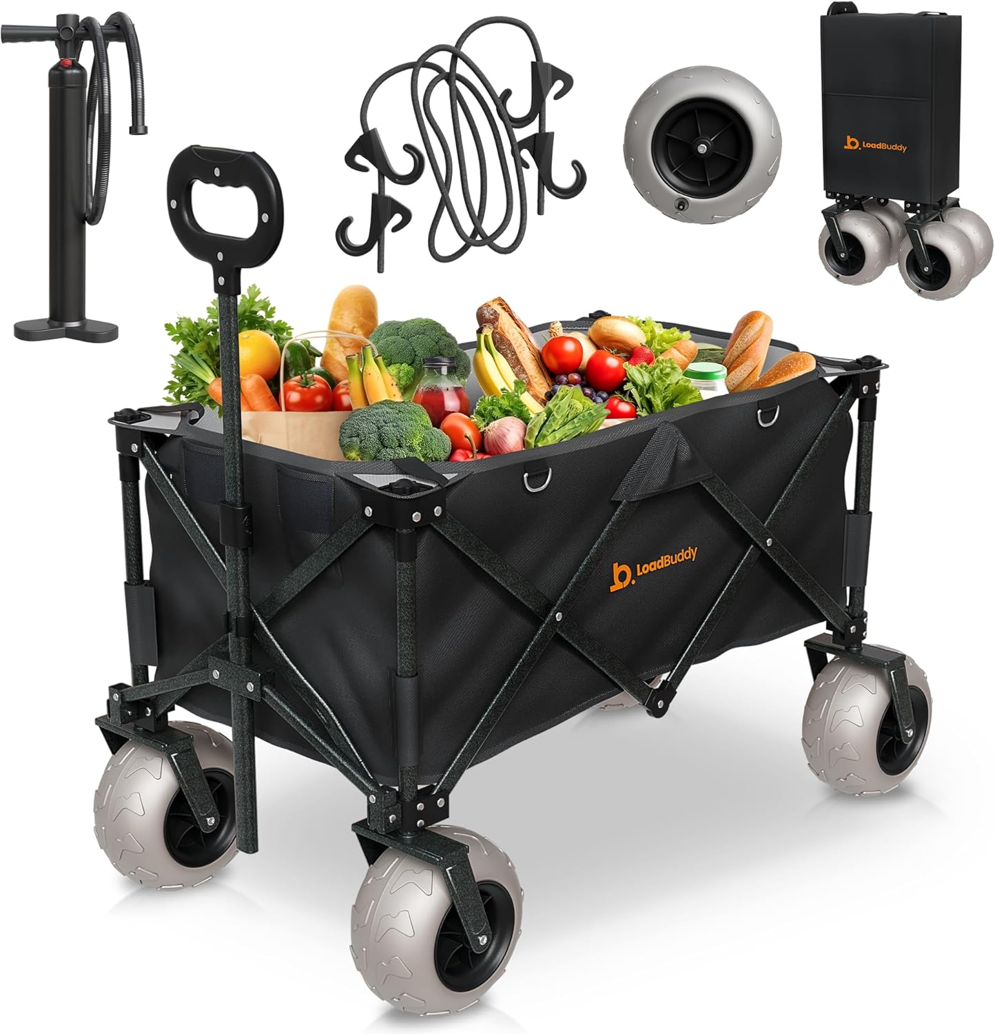 Beach Wagon with 9" Balloon Wheels & Fishing Rod Holders – Foldable Cart for Sand with Inflatable Tires, Bonus Pump & Spare – Heavy Duty Utility Wagon - Black/Black