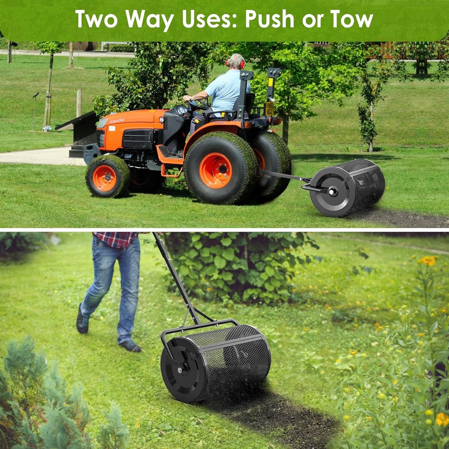 Seeutek Compost Spreader, 24" Peat Moss Spreader with 3 Heights, Top Soil Spreader W/Upgraded Side Latches Support Rod Powder Coated Metal Mesh Top Dressing Spreader for Lawn, 2 Way Uses-Push or Tow