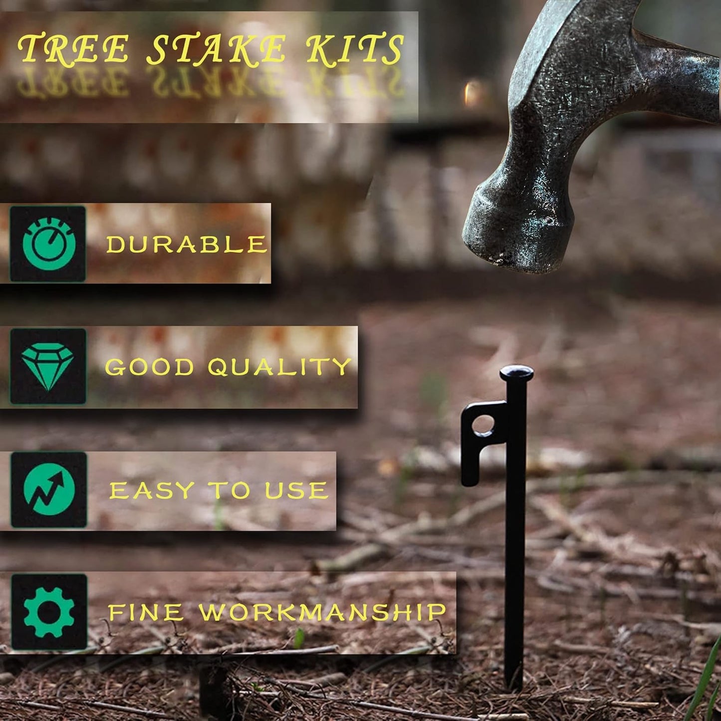 Tree Stake Kits, Tree Stakes and Supports Kits for Hurricane Protection & Bad Weather, Include 4 PCS 11.8" Heavy Duty Steel Tree Stakes, 4 PCS 15.8" Tree Straps and 4PCS 16.4FT Rope