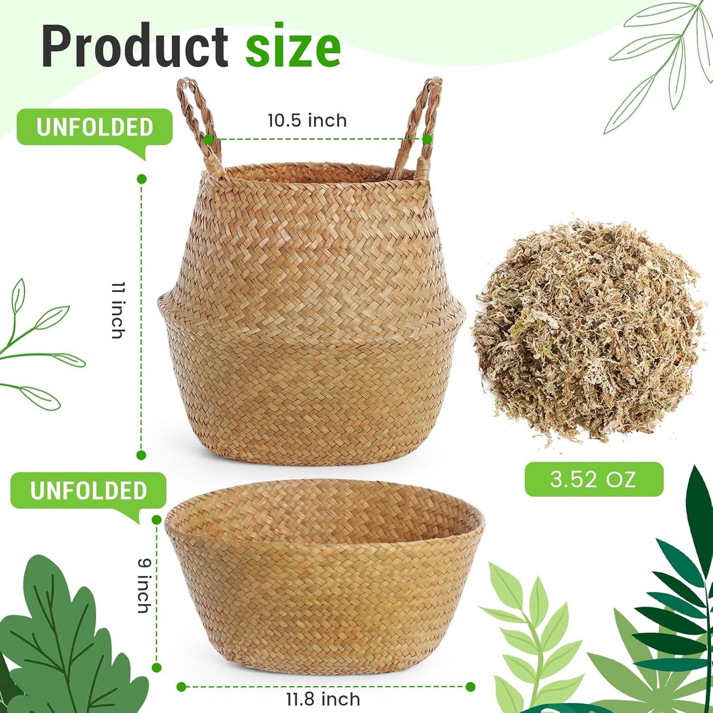 2 Pack Large Wicker Plant Basket with Handle 10 Inch Woven Seagrass Belly Basket and Artificial Moss for Plants Picnic Grocery Laundry House Storage Home Decor (Large)