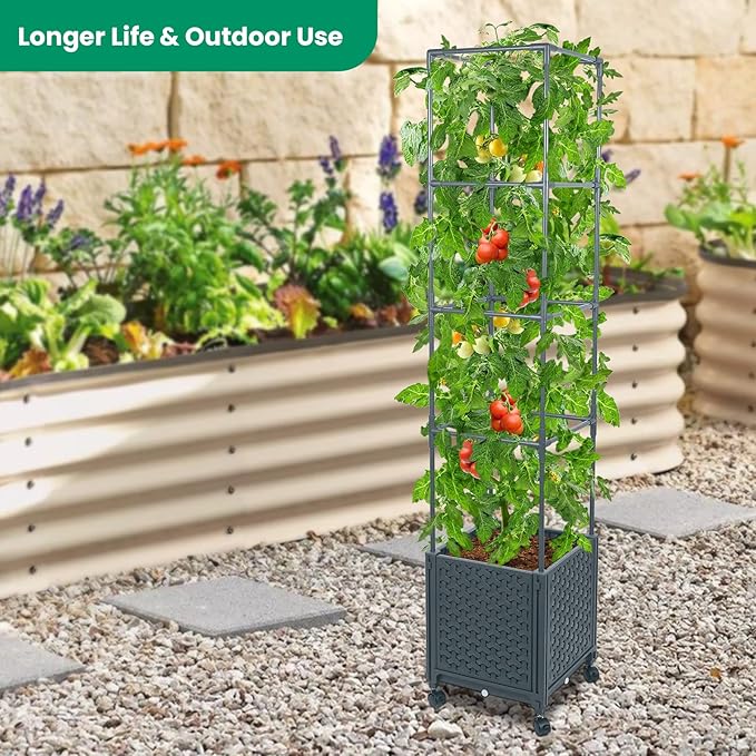 GREEN MOUNT Raised Garden Bed Planter Boxes with Trellis for Climbing Vegetables Plants, 56.7" Tomatoes Planters Outdoor Tomato Cage w/Wheels