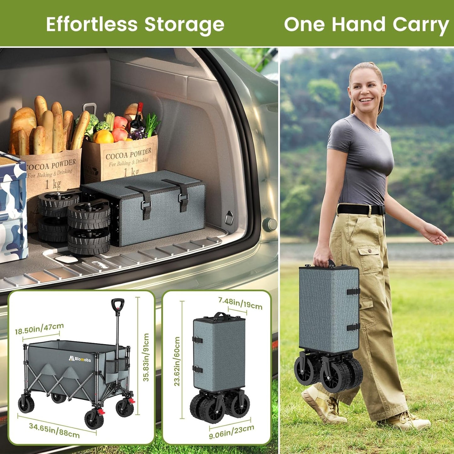 Collapsible Wagon Cart, 150L Heavy Duty Foldable Beach Wagon with Wider Wheels & Auto-Rebound Handle, Utility Grocery Shopping Cart for Garden, Shopping, Camping, Sports, Gray