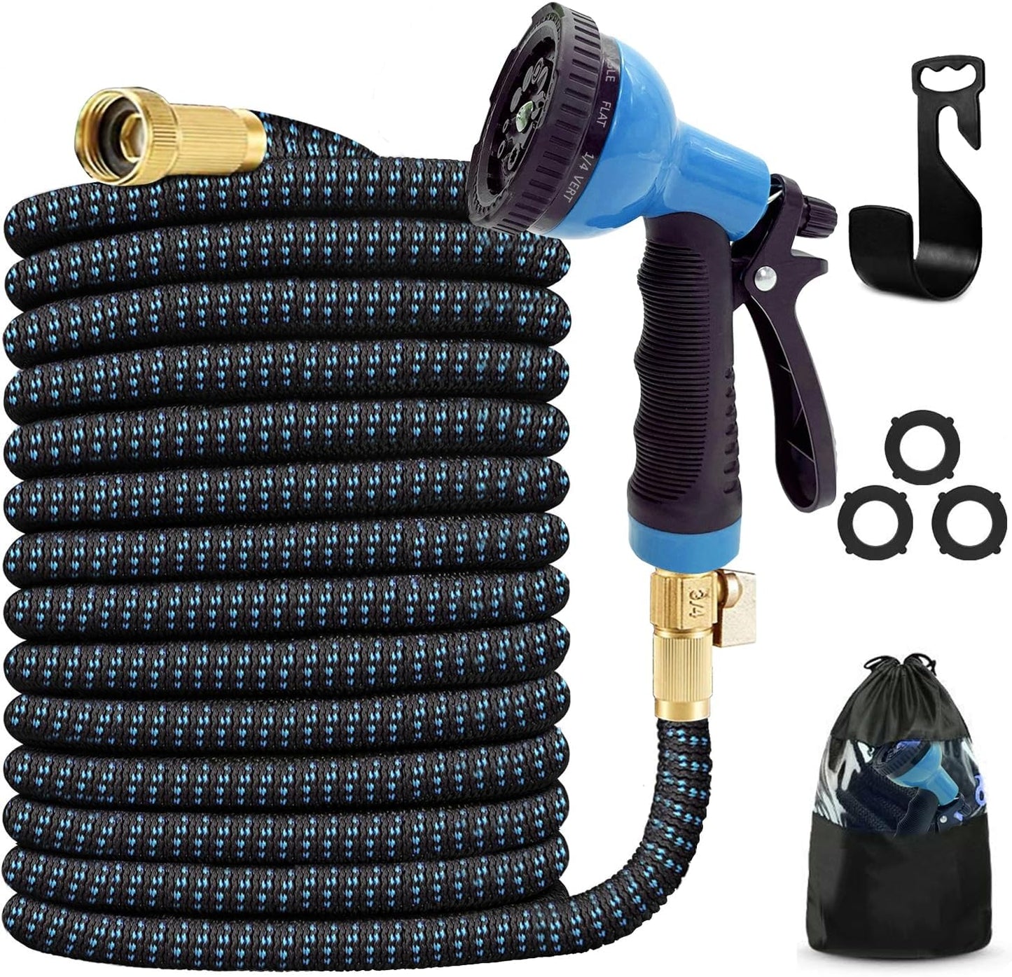 J&B XpandaHose 100ft Expandable Garden Hose with Holder - Heavy Duty Superior Strength 3750D - 4 -Layer Latex Core - Extra Strong Brass Connectors and 10 Spray Nozzle w/Storage Bag (Blue 100)