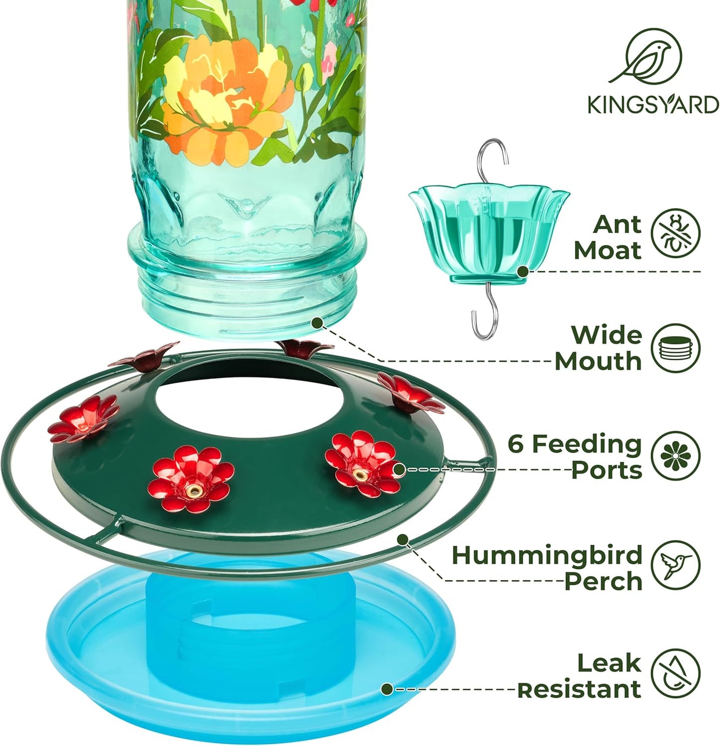 Kingsyard Hummingbird Feeder for Outdoor Hanging - Charming Patterned Glass Humming Bird Feeder with 6 Feeding Ports and Ant Moat, Ideal Gift Choice for Bird Lovers, Blue