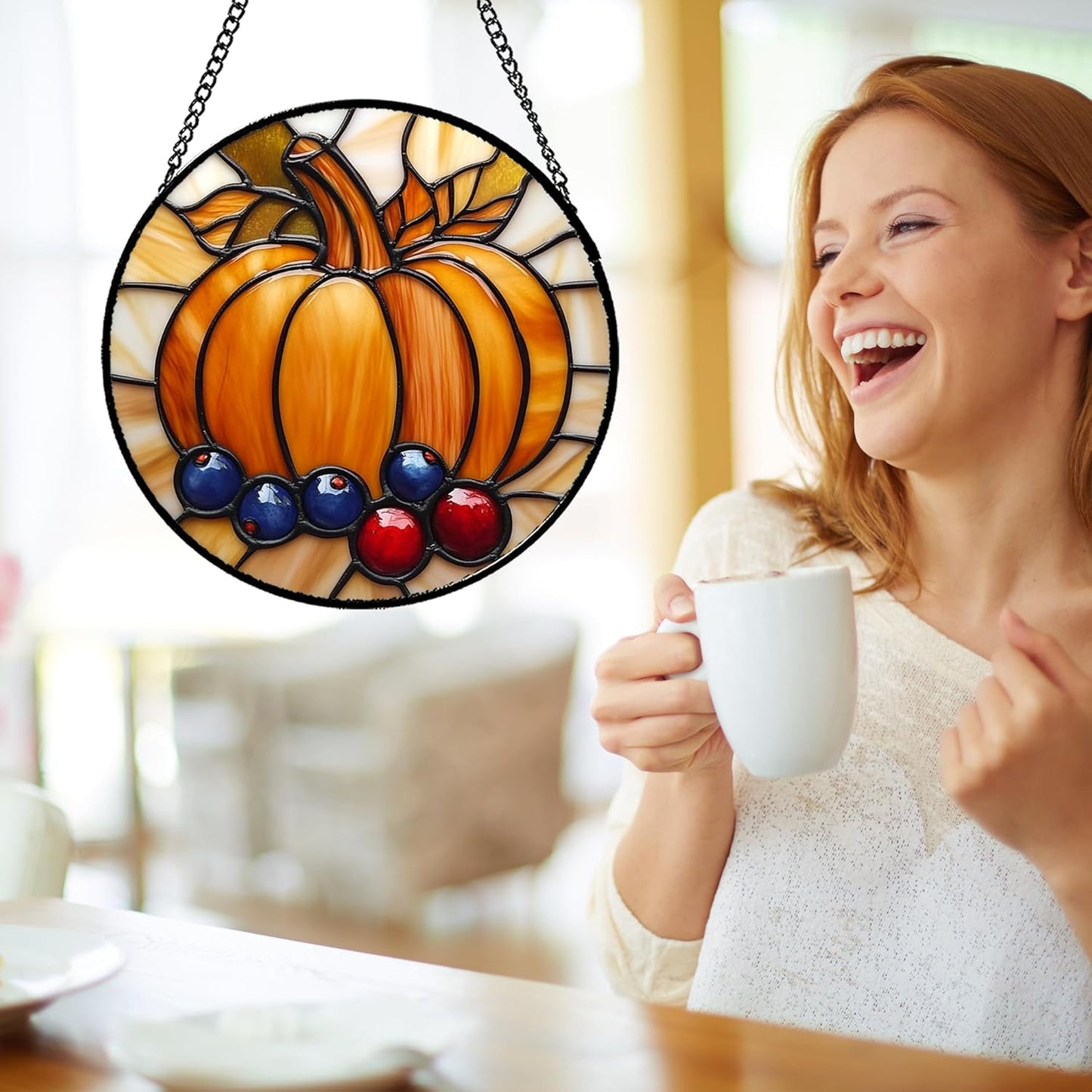 Stained Glass Window Hanging Fall Pumpkin Berries 6.3" - Suncatcher Door Garden Kitchen Sunroom Sun Catcher Autumn Home Decor Birthday for Mom Grandma Men Woman