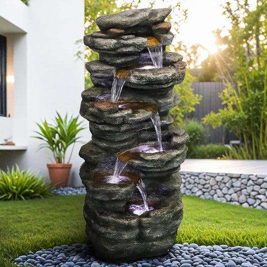 6-Tier Rockery Outdoor Fountain - 40” H Outdoor Waterfall Fountain with LED Lights for Home&Office Decor, Stacked Rock Cascading Relaxation Garden Fountains Outdoor for Patio, Yard, Deck