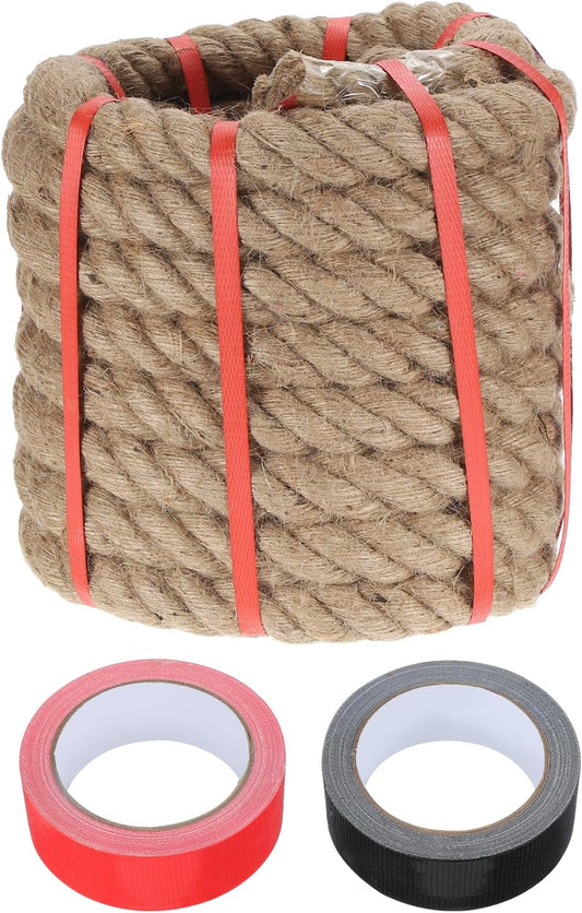 MECCANIXITY Jute Rope 1.4 Inch x 30ft, Thick Twine Rope Ropes Braided Jute Twine Natural Brown Burlap Cord String Heavy Twisted with Tapes for Decorative Crafts Railing Swing Tug of War