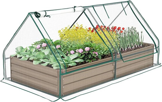 Metal Raised Garden Bed with Greenhouse 2 Large Zipper Windows Dual Use,Galvanized Steel Raised Garden Bed for Gardening Vegetables Fruit,20pcs T-Types Tags & 1 Pair of Gloves,6x3x1FT,Brown