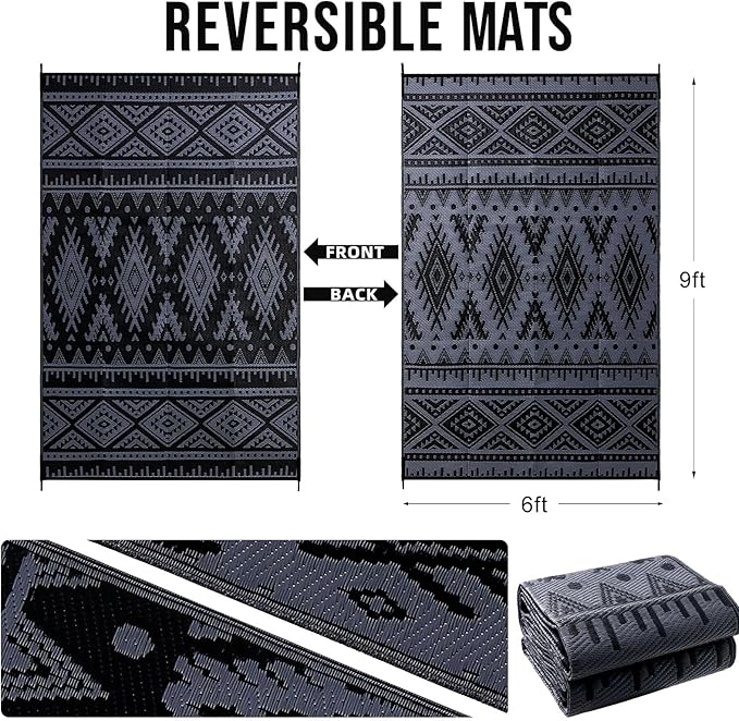 OLANLY Outdoor Rug Waterproof 6x9 ft, Reversible Outdoor Plastic Straw Rug, Boho Patio Rug, Indoor Outdoor Carpet, RV Mat Outside for Patio, Camp, Picnic, Balcony, Deck, Backyard, Black & Grey