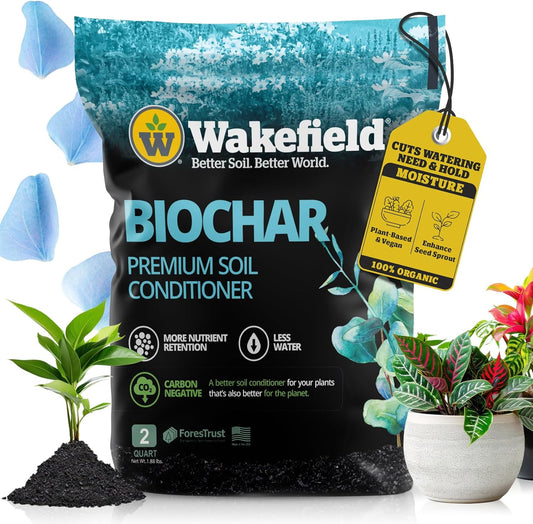 Wakefield Premium Organic Biochar Soil Amendment & Soil Conditioner – Certified Carbon-Negative Nutrient-Locking, Water-Efficient Bio Char for Plants & Lawns - Soil Amendments for Lawn - 2 Quart