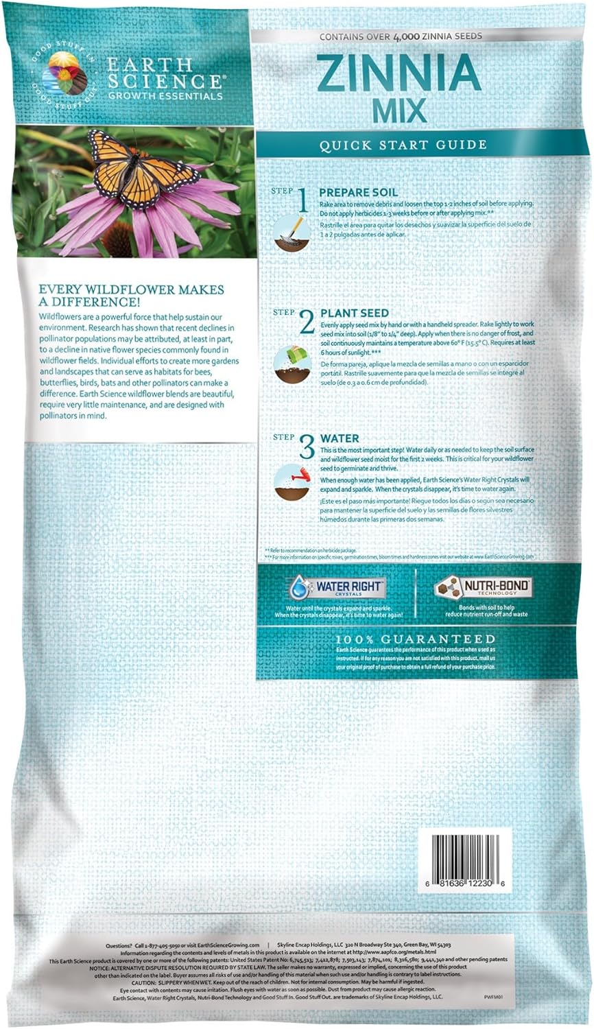 Earth Science Zinnia Wildflower Mix—6lb – 3-in-1 Seeds Plant Food & Soil Conditioner – Non-GMO Vibrant Blooming Flowers for Gardens Low Maintenance Attracts Pollinators – Covers 600 Sq Ft Eco-Friendly