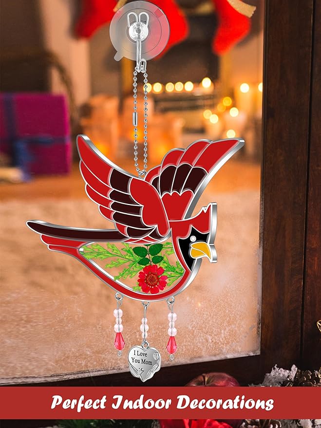 KY&BOSAM Cardinal Suncatcher I Love You Mom Glass Hangings for Windows Wind Chime Ornament with Hand Painted Real Flower and Metal Heart Charm Birthday Gifts for Women Mom Mother's Day