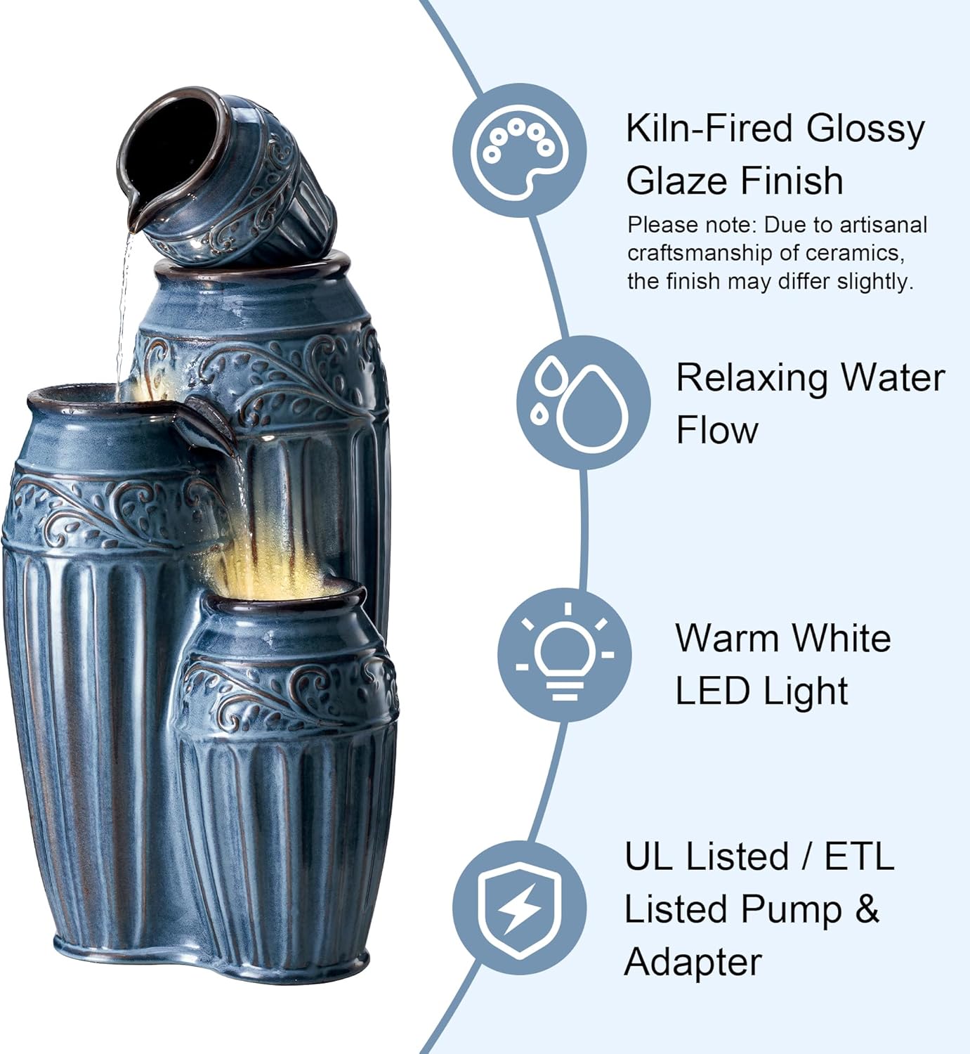 Glitzhome 35.5" H Oversized Outdoor Water Fountain with LED Lights and Pump, 4 Tier Turquoise Embossed Pattern Ceramic Pots Fountains, Cascading Standing Fountain for Porch Deck Garden Patio Backyard