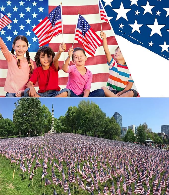Pack of 100 American Flags with wood Stick, 12x18 Inch American Flags for outside, US Flags/American Hand Held Stick Flags with Kid-Safe Spear Top, Perfect for Patriotic Decorations, Parades, Veteran Party,4th of July decorations