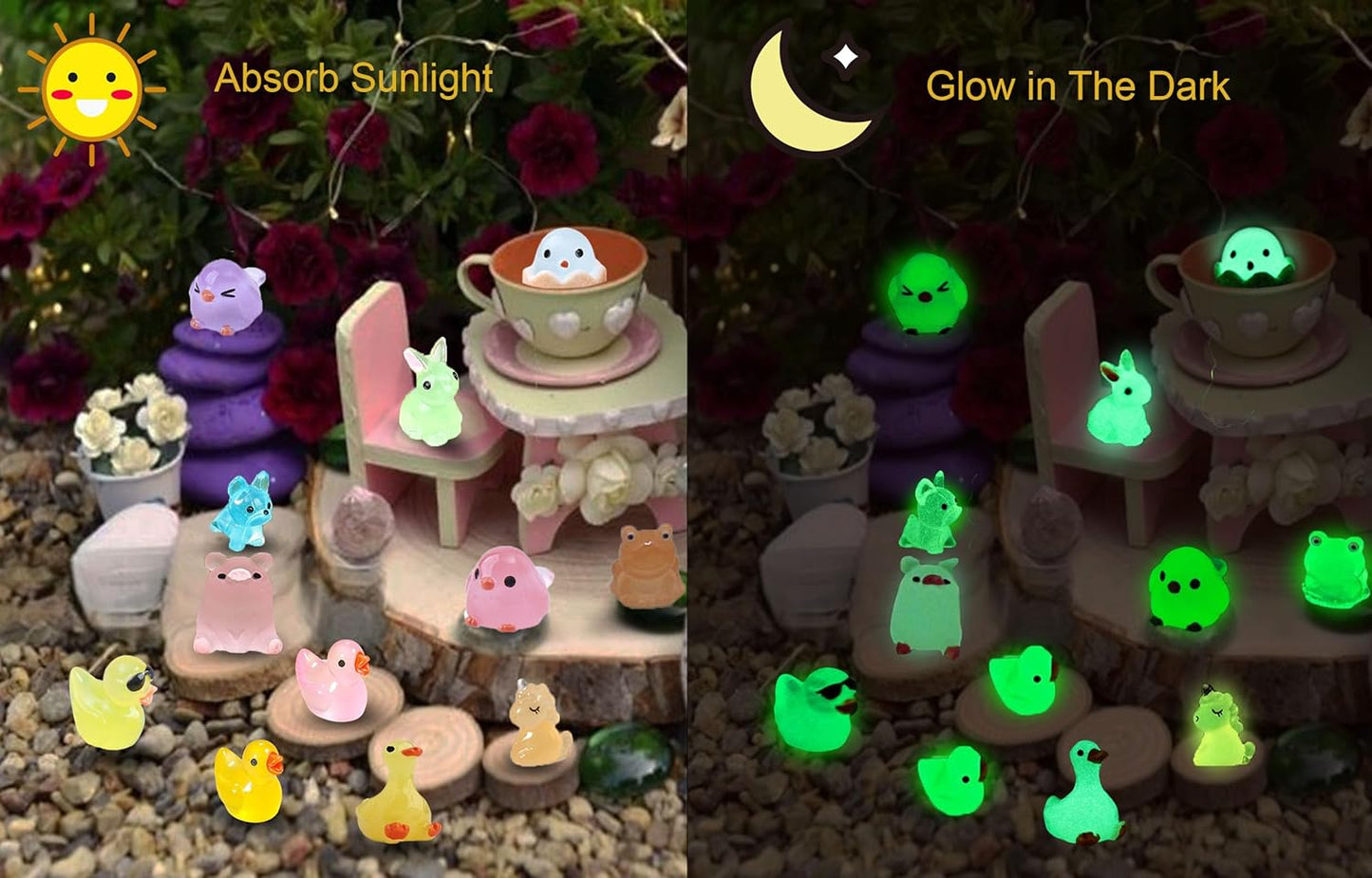 50 Pcs Luminous Mini Resin Animals, Glow in The Dark Tiny Ducks, Frogs, Birds, Cute Dollhouse Miniatures for Crafts, Fairy Garden and Home Décor