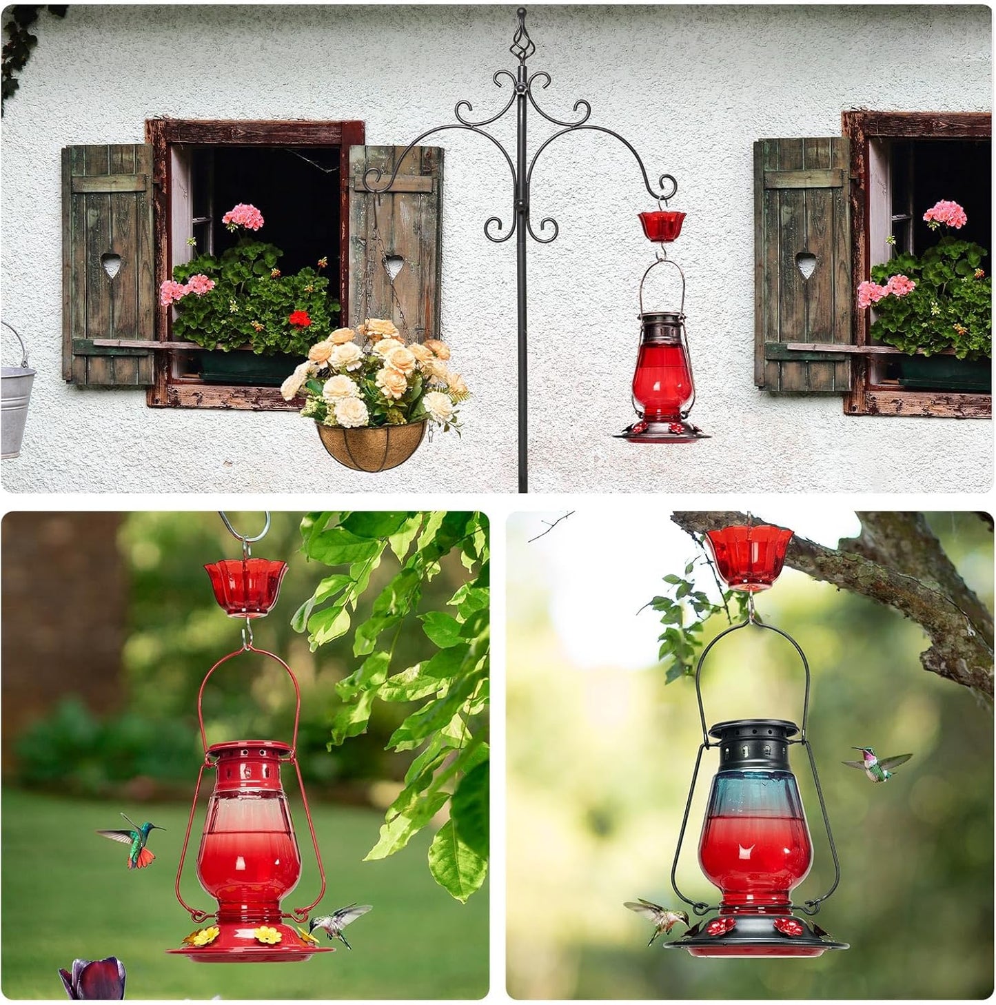 Kingsyard Vintage Glass Hummingbird Feeder Leak Proof Ant Bee Proof Lantern Bird Feeder with 6 Ports Moat, 24 oz Red
