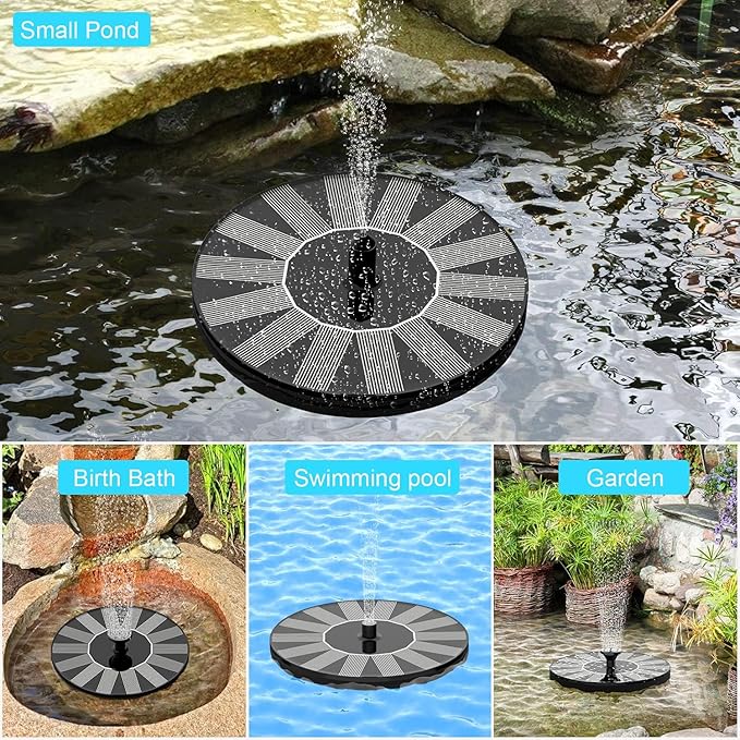Solar Fountains,Solar Water Fountain,Solar Powered Bird Bath Fountain with 6 Nozzles - Free Standing Floating Solar Water Fountain for Bird Bath, Garden, Pond, Pool (Black-1W)