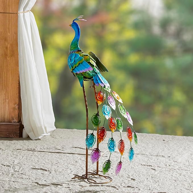 Glitzhome Metal Standing Peacock Garden Statue with Stakes Outdoor Decoration, 32" H