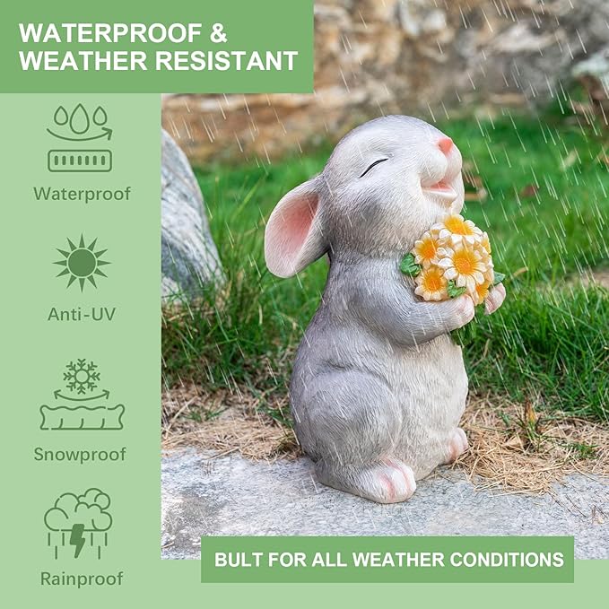 Solar Rabbit Garden Statues Outdoor Bunny Decor Resin Rabbit Figurine Holding Sunflower with LED Lights for Proch Patio Lawn Yard Christmas Housewarming Gardening Gifts for Mom Grandma