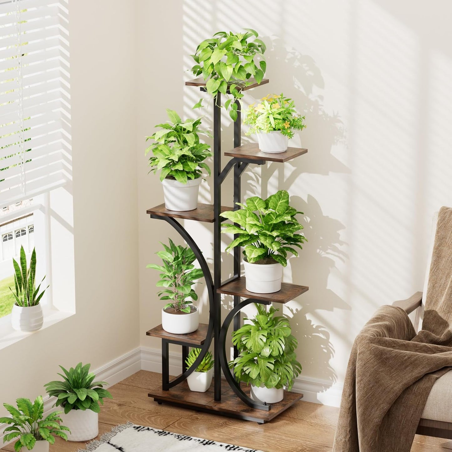 Plant Stand with Grow Lights Indoor, 6 Tiered Plant Shelf, 45" Corner Display Storage Shelf, Curved Design Flower Stand for Living Room, Bedroom, Patio Decor, Black