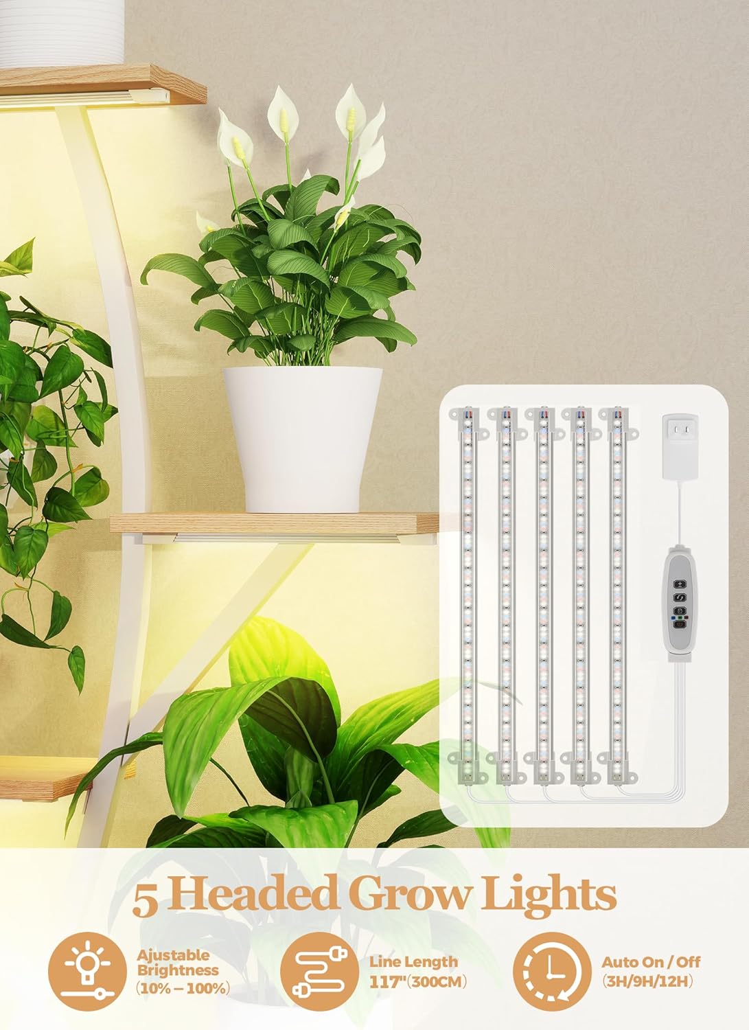 Plant Stand Indoor with Grow Lights - 64" Tall Plant Shelf Lighted Corner Plant Stands for Indoor Growing Multiple Metal 8 Tiered Large S-Shape Flower Holder Plant Rack for Home Decor Patio White