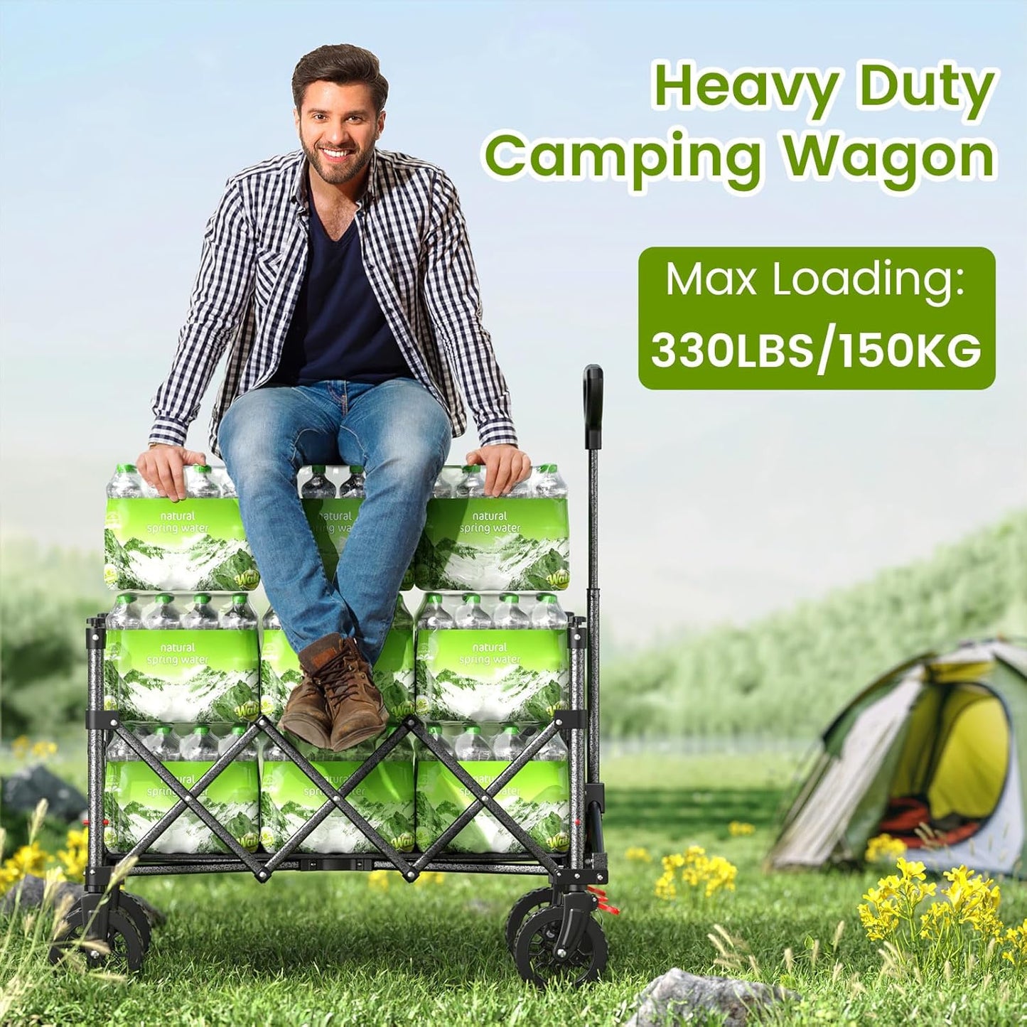 Folding Wagon Cart with Wheels, 180L 330LBS Heavy Duty Utility Wagon, Beach Wagon with All-Terrain Wheels, Portable Grocery Wagons for Camping, Shopping, Garden, Sports, Black