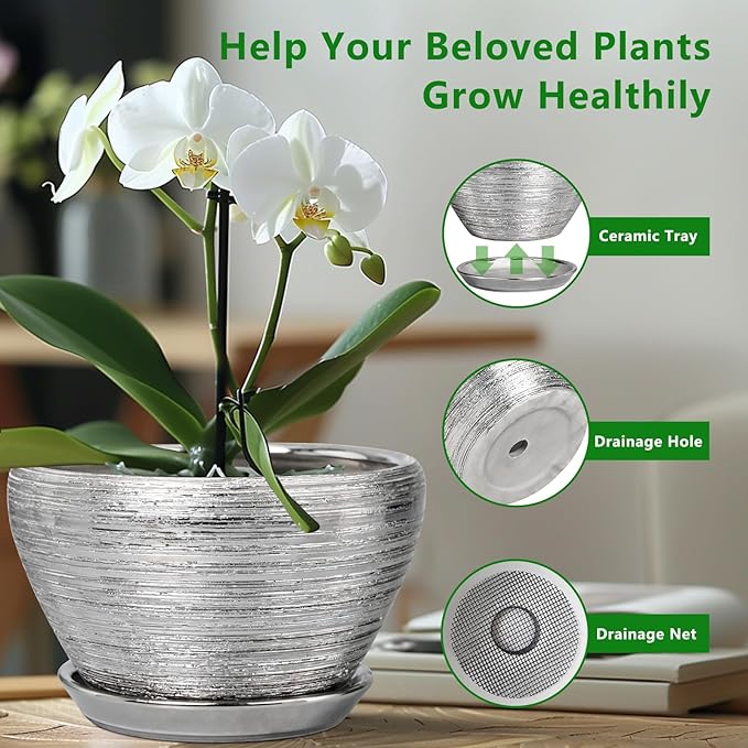 Flower Pot for Indoor Plants - Ceramic Planter 13 Inch Plant Pot with Drainage Hole and Saucer Large Decorative Planter Outdoor Mid-Century Planter for House Decor Silver