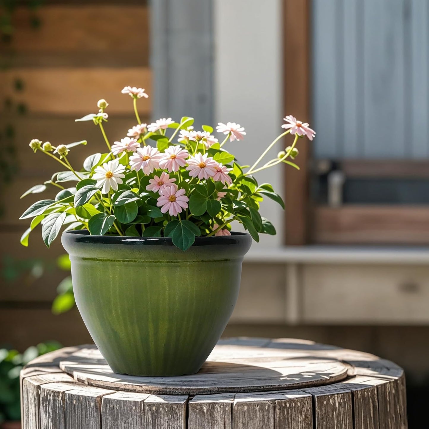 Worth Garden 8-Inch Dia. Round Green Plastic Planters with Drain Holes, 5.9-Inch Height - 2-Pack Glossy Finish Bell-Shaped Plant Pot – Lightweight Indoor/Outdoor Flower Pots