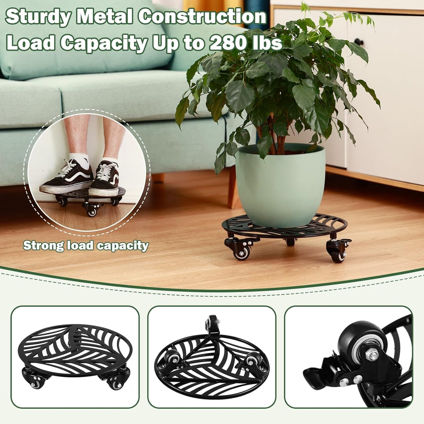 2 Packs Large Metal Plant Caddy with Wheels 14” Heavy-Duty Wrought Iron Rolling Plant Stands with Casters Indoor and Outdoor Plant Pot Roller Base Plant Saucer Movers Black