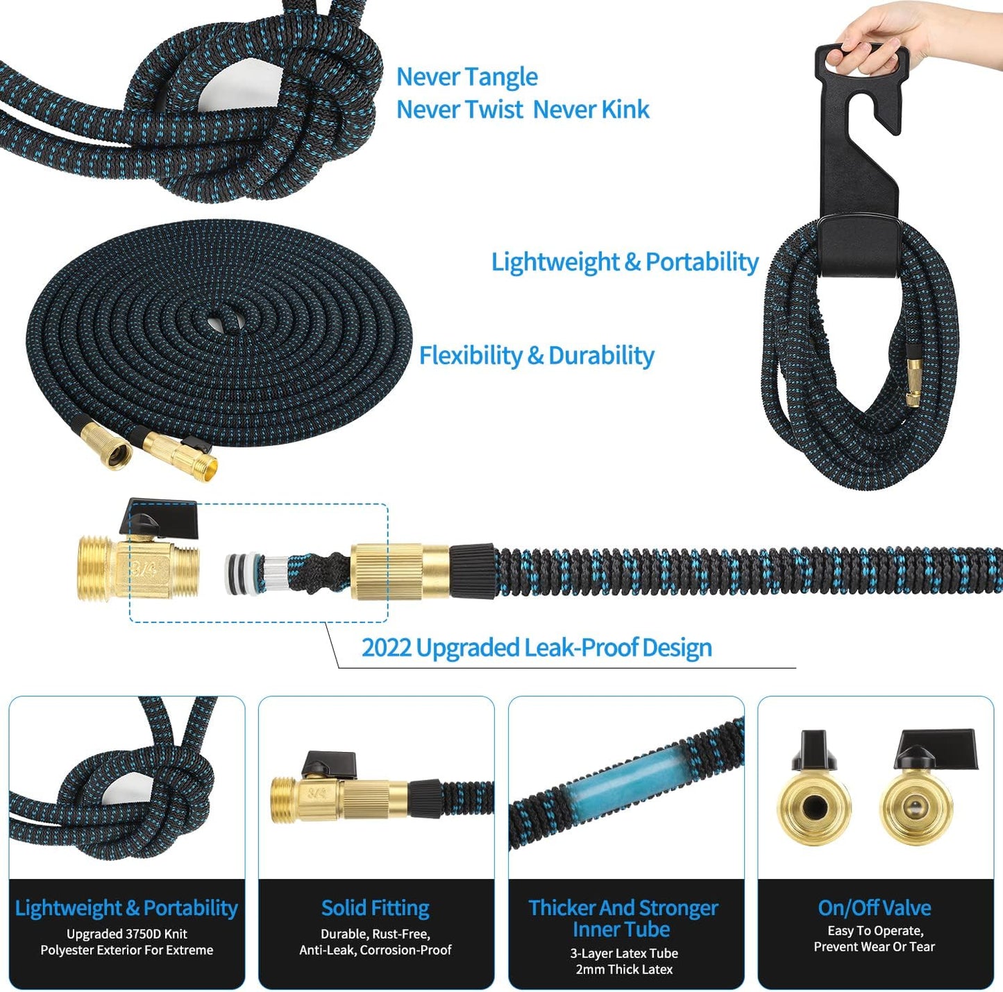 75 ft Expandable Garden Hose w/10 Functions Spray Nozzle, Water Hoses with 3/4" Solid Brass Connector, Flexible Lightweight Hose Expanding Water Pipe for Car Washing, Gardening