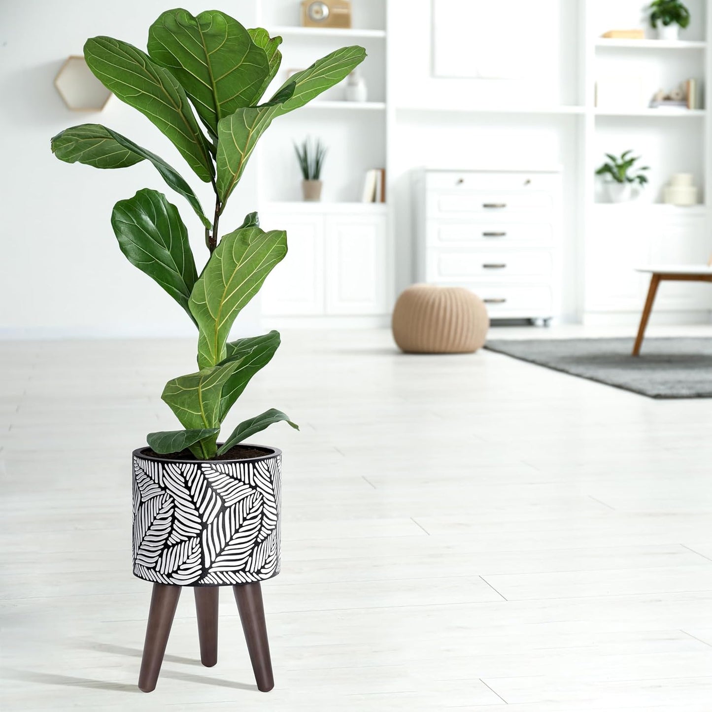 D'vine Dev 8 Inch Planter Pot with Stand, Mid-Century Tall Plant Pot with Legs for Indoor Plants, Small, White/Grey, 88-L-A-7