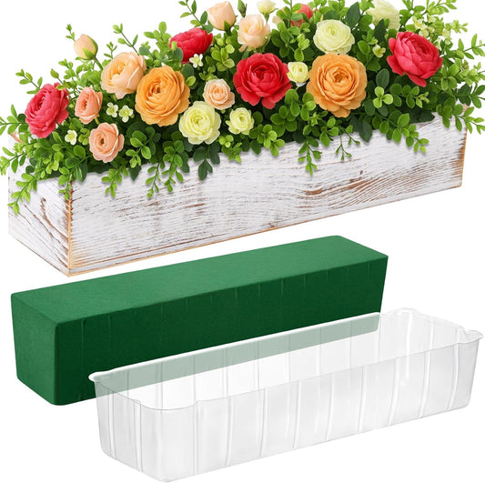 Dandat 1 Set Wood Boxes for Centerpieces 16x4 Inch Rectangle Wooden Planter Box Rustic Wooden Planters with Removable Plastic Liner Floral Foam Blocks for Home Wedding Garden Decor