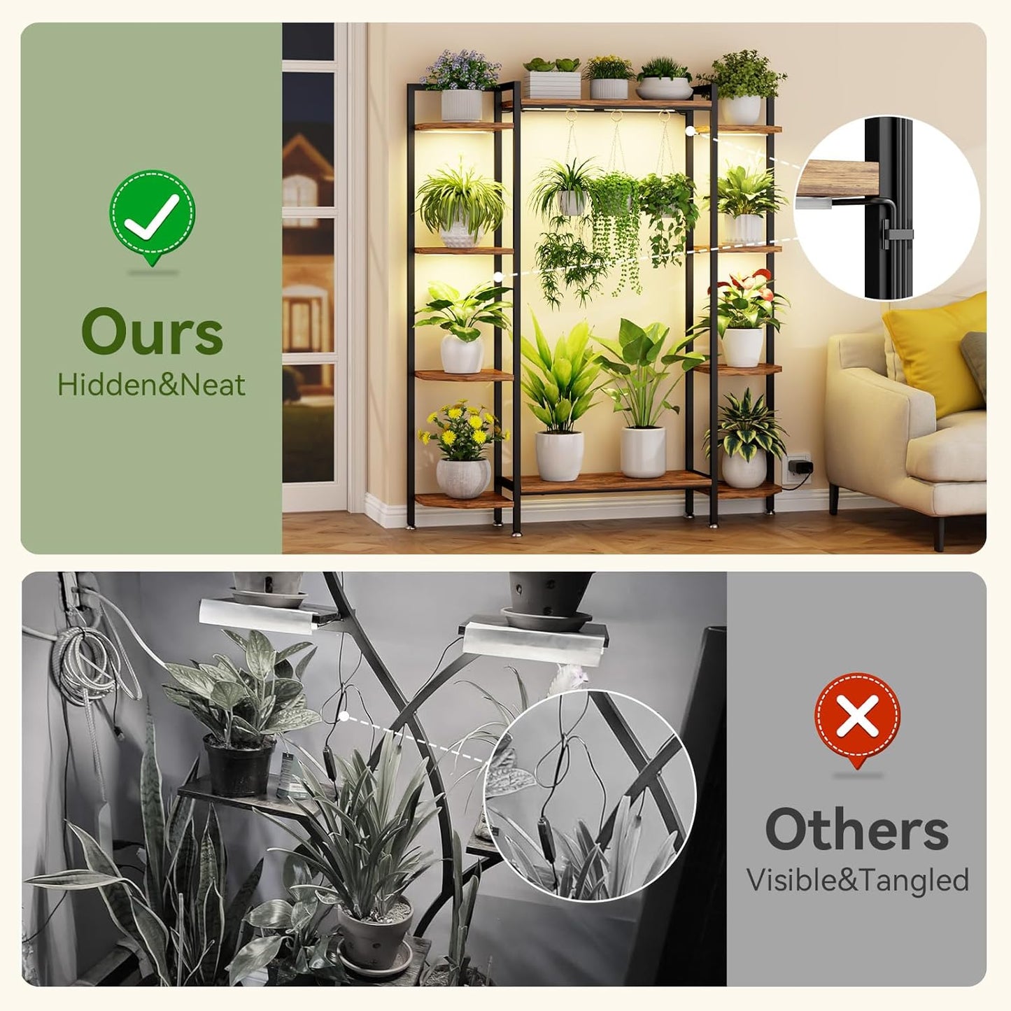 C1 Plant Stand Indoor with 6 Grow Lights, 6 Tiered Large Metal Plant Stand, 55 Inches Tall Plant Shelf with Hooks, Plant Holder Display Shelves for Patio, Garden, Living Room, Balcony