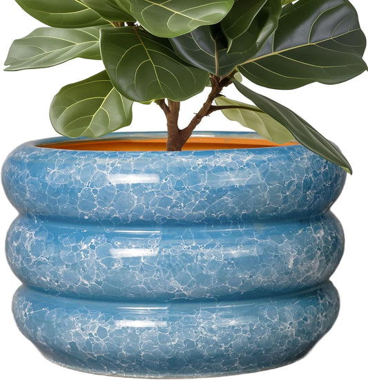 SQOWL Ceramic Plant Pot Indoor with Drainage Hole 13.5 Inch - Large Outdoor Planter Ceramic Flower Pot Modern Round Planter Decorative Plant Pot for Outdoor Porch Decor Blue