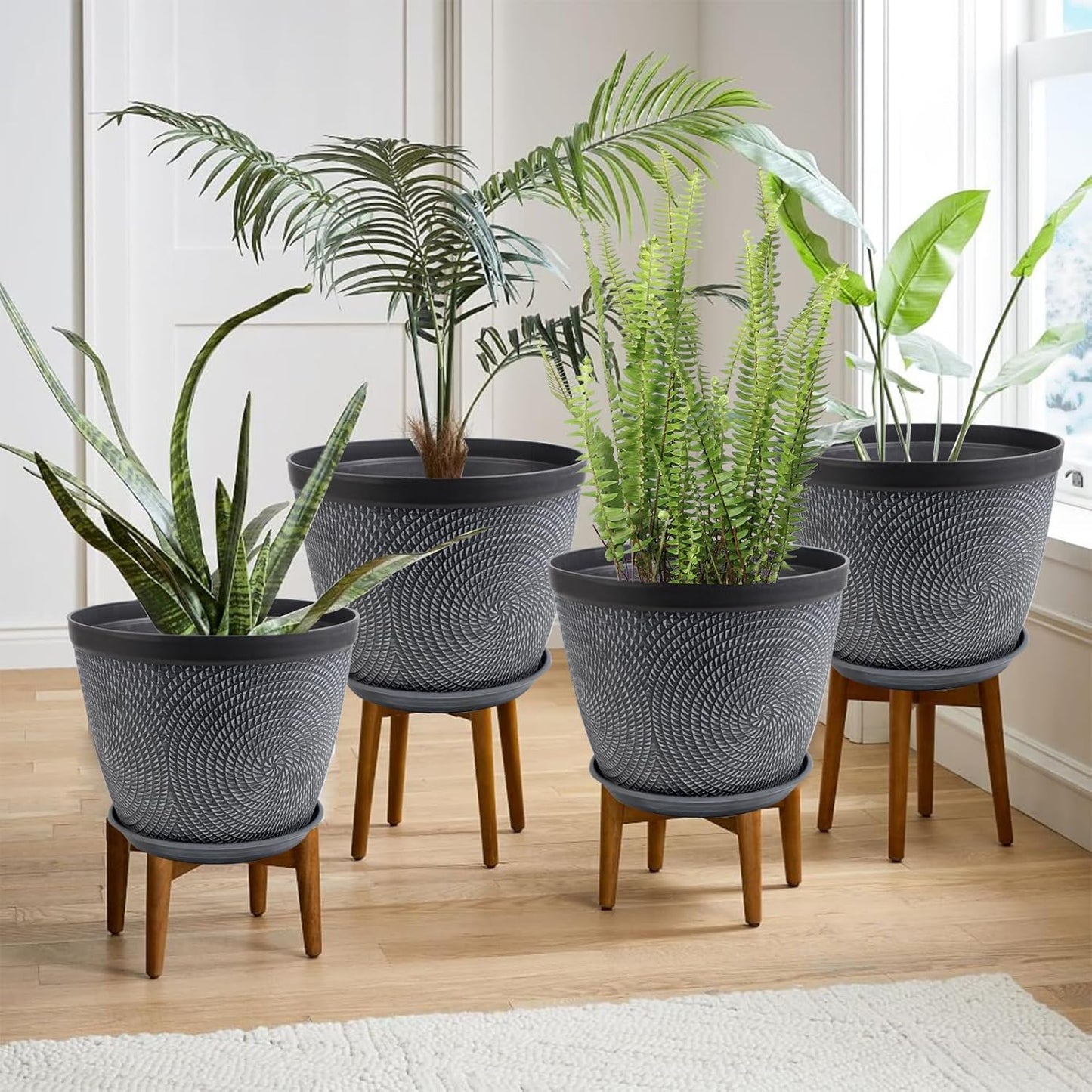 Quarut Large 12 Inch Plant Pot for Plants Outdoor Indoor, 4 Pack Plastic Flower Pots with Drainage Hole & Saucer, Modern Decorative Garden Pot with Saucer, Plant Container for House（Gray）