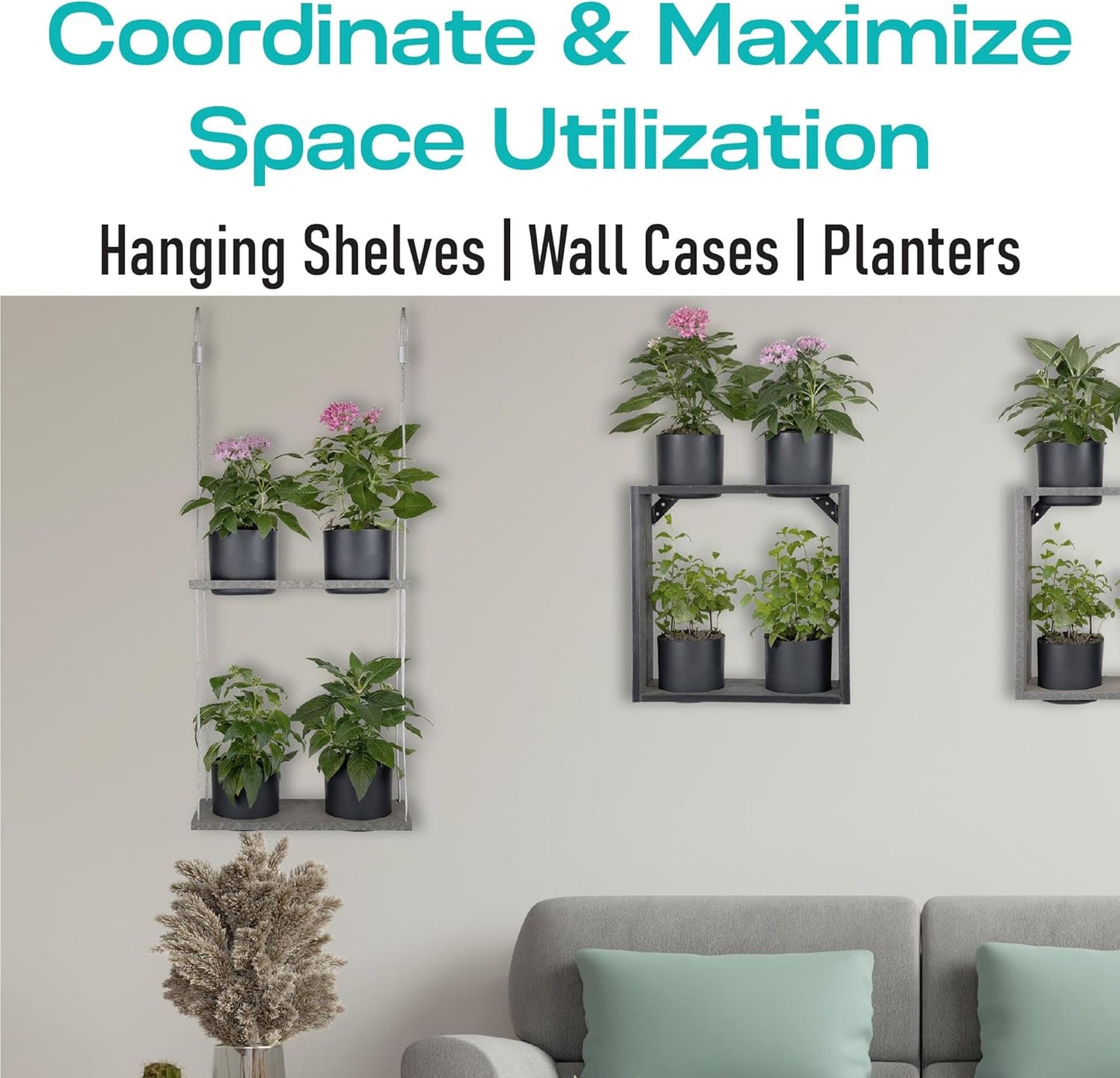 Urban Garden Decor with Pots Included, Hanging Planters for Indoor Outdoor Plants, Hanging Flowerpots, Wall Hanging Plant Holder Window Plant Shelves (Stone Gray, Shelf 2 Pots)