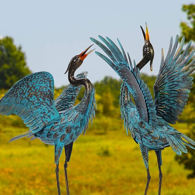 Natelf Garden Crane Sculptures & Statues, Blue Heron Decor Outdoor Large Bird Yard Art, Standing Metal Herons Lawn Ornaments for Home Patio Porch Backyard Decorations(Set of 2)