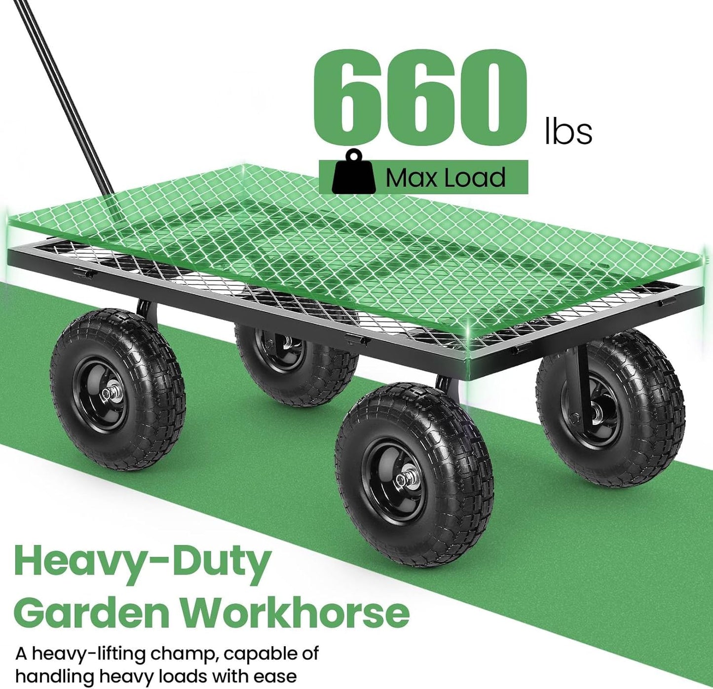 Homdox 660LB Garden Cart on Wheels, Heavy Duty Yard Wagon with 180° Rotating Handle, Mesh Foldable Garden Wagon Outdoor Utility Carts for Camping, Sports, Garden, Beach, Farm, Fishing, Black