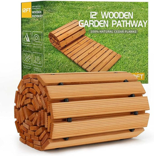 RELIANCER 12' Wooden Garden Pathway,Outdoor Roll Out Cedar Straight Walkway,Patio Path Decorative Garden Boardwalk Walkways,Weather-Resistant Roll Up Beach Wood Road Floor,Wedding Party Pathways