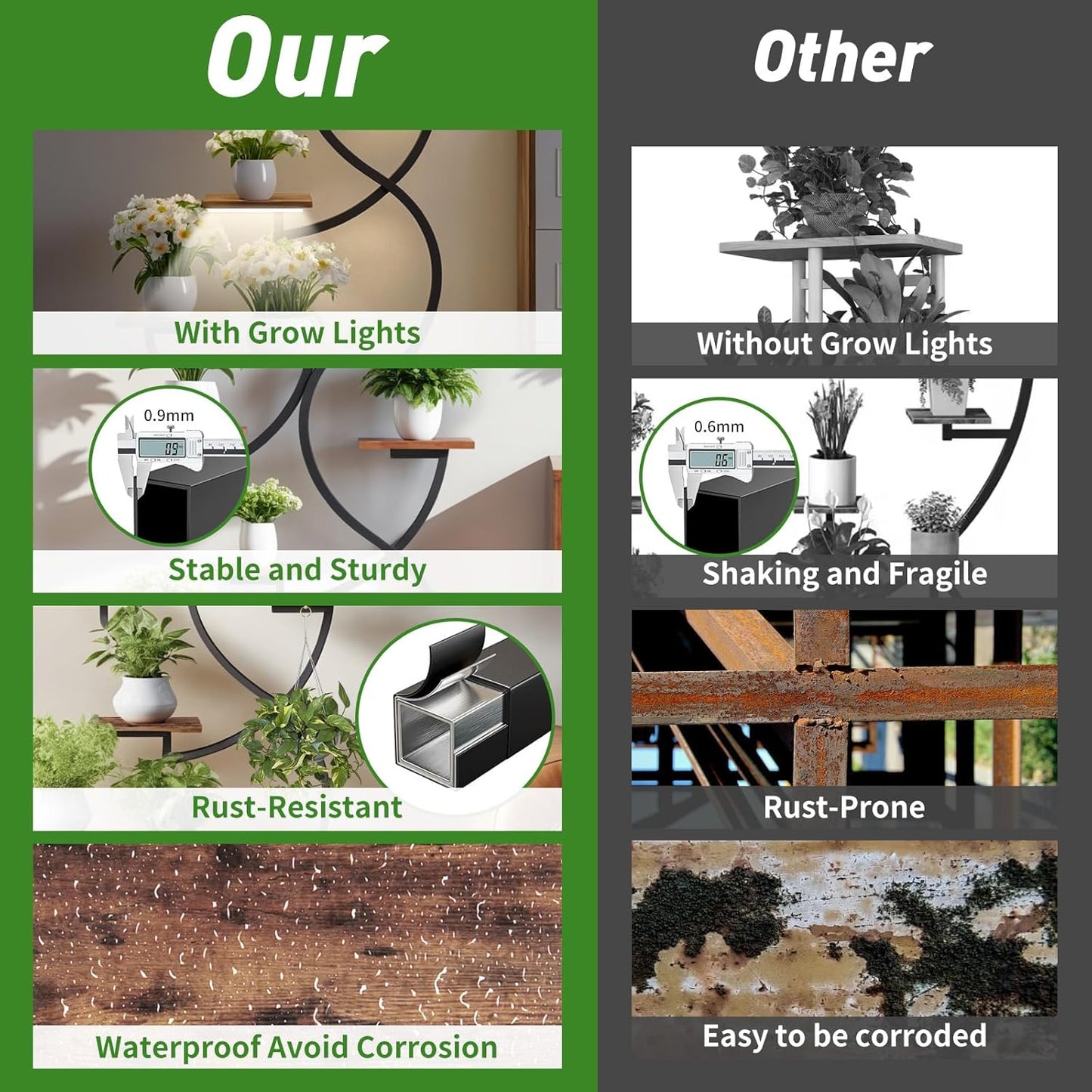 Plant Stand Indoor with Grow Lights, 9 Tiered Indoor Plant Shelf, 62.2" Lighted Corner Plant Stands for Indoor Growing, Metal Large Plant Flower Holder, S-Shaped Plant Rack for Home, Patio, Living Room, Balcony, Black