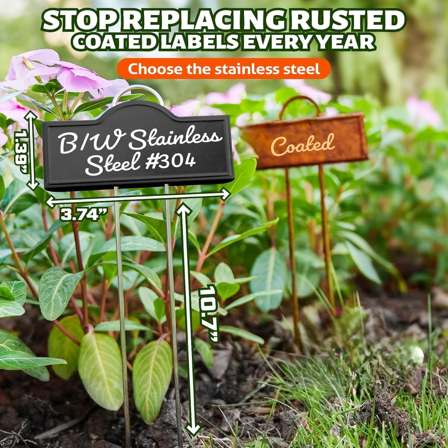 Stainless Steel 304 Plant Labels Weatherproof, Metal Garden Label Tall Markers 25 Pack for Outdoor Plants Vegetables Herb Seedlings Flowers with a Pen, Label Area 3.74'' x 1.39'' Height 10.75 Inch