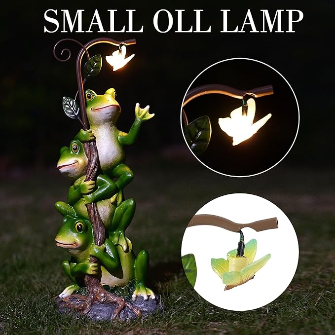 Frog Figurine Garden Decor, Solar Resin Frogs Outdoor Statue, Funny Frog Gift Sculpture Decoration for Home Patio Yard Lawn Porch Ornament