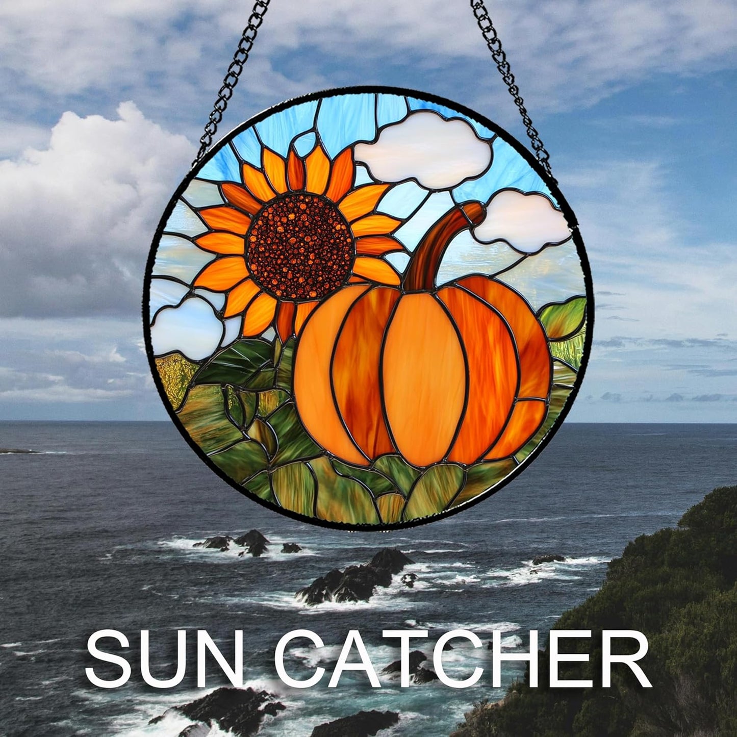 Stained Glass Window Hanging Fall Farm Scenery Sunflower Pumpkin Large 11.8" - Suncatcher Door Garden Kitchen Sunroom Sun Catcher Home Decor Birthday for Mom Grandma Men Woman