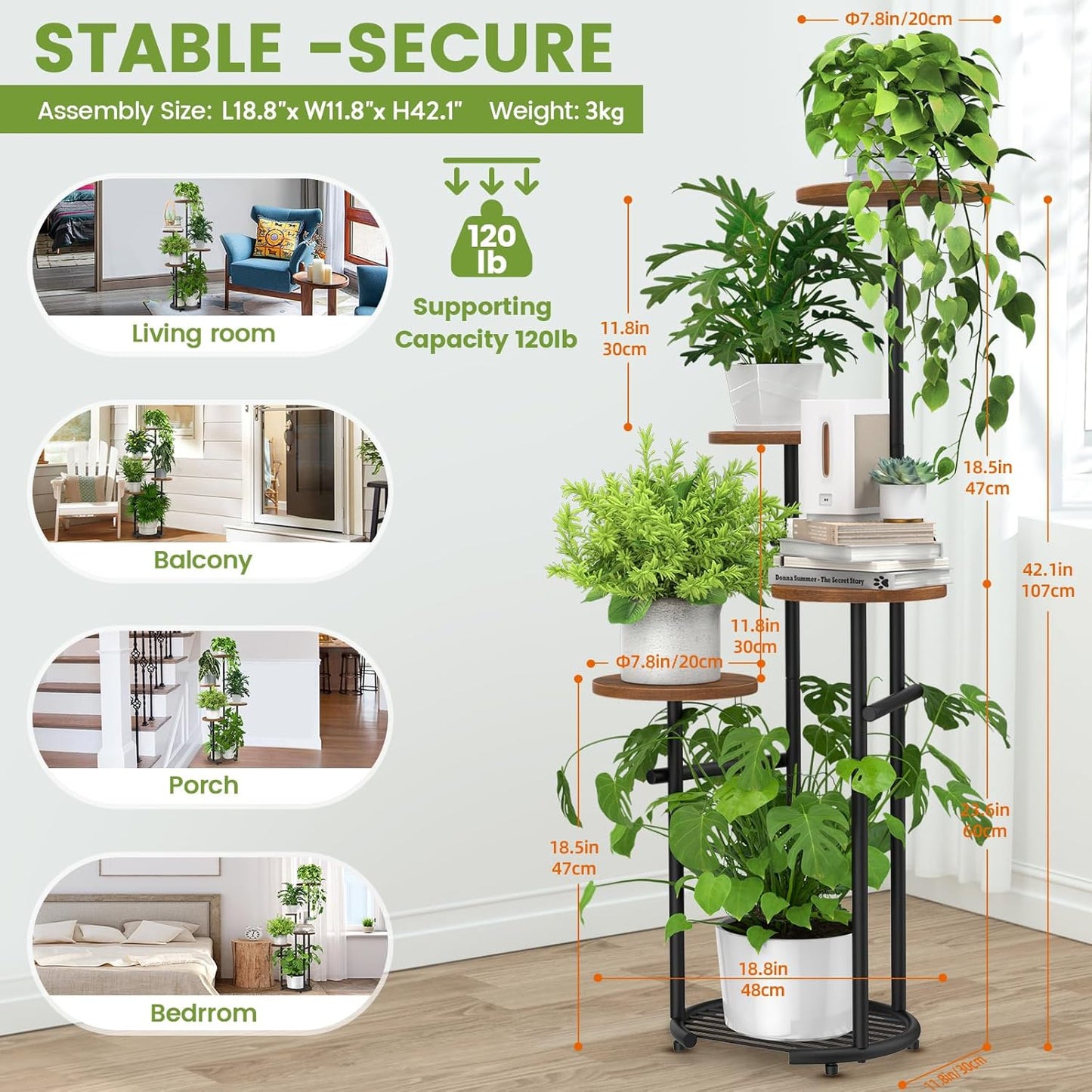 TOSKING 5 Tier Metal Plant Stand Indoor， Plant Shelf, Corner Shelf Flower Pot Stand for Outdoor Plant Stand for Living Room Balcony Garden Patio Bedroom (Black and Brown, 42in)