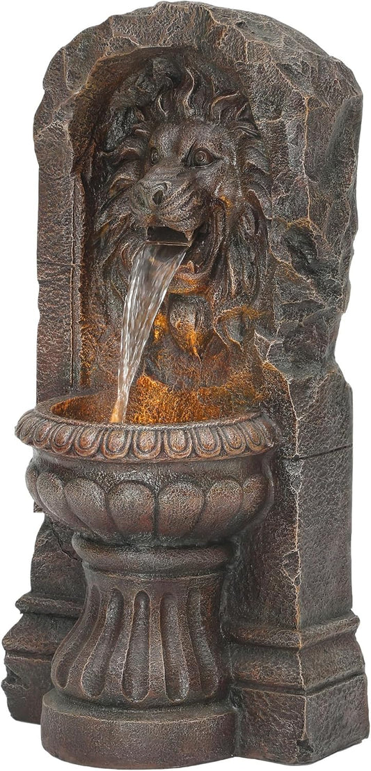 30" Lion Head Outdoor Water Fountain with LED Lights, 2-Tier Resin Garden Fountain, Tranquil Cascading Waterfall for Patio Yard Deck or Porch, Faux Bronze Finish, Weather-Resistant