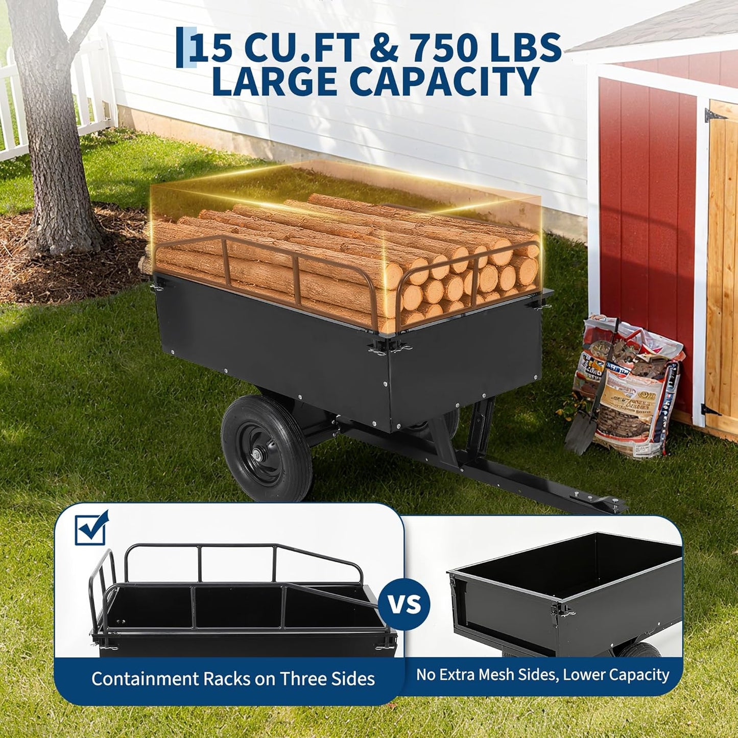 ATV Trailer Dump Cart Pull Behind, 750 LB Capacity, 15 Cu.Ft, Heavy Duty Steel Utility Trailer for Lawn Tractor with Raised Side Rails, Lawn Carts Tow Behind for Garden Yard, Black